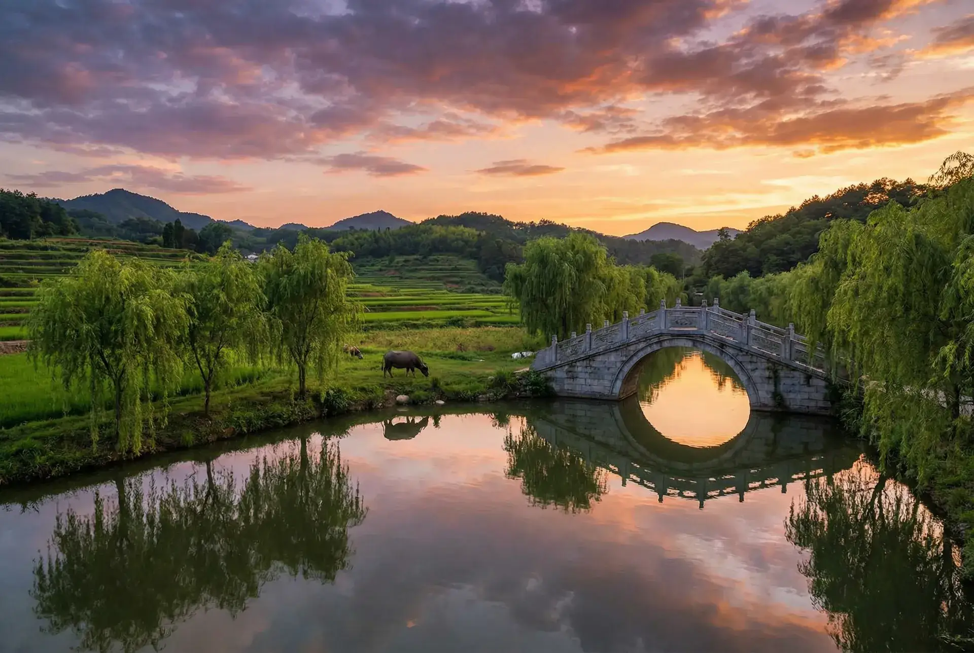 夕阳下的石拱桥与垂柳，水牛在河边吃草 - 幸福到万家免费观看百度网盘 乡村美景